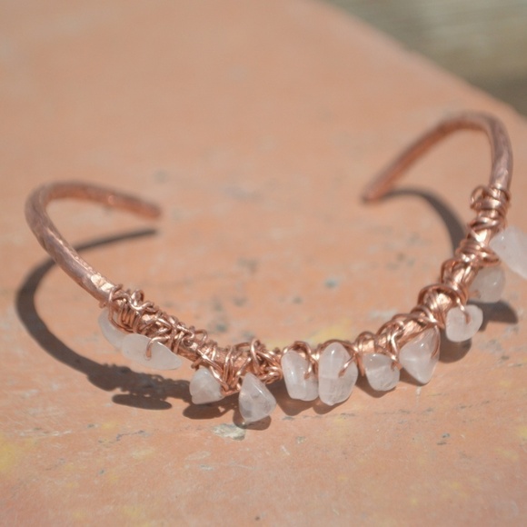 Rose Quartz Copper Wire Wrap Cuff Bracelet Bangle Gemstone Natural Reiki Healing - Picture 6 of 8